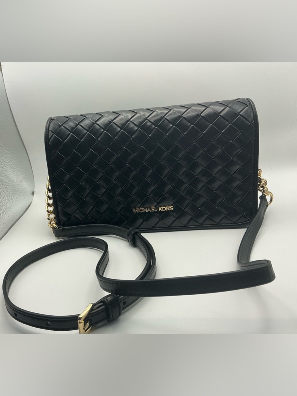 Michael Kors Medium Full Flap Crossbody Black Woven Leather NWT